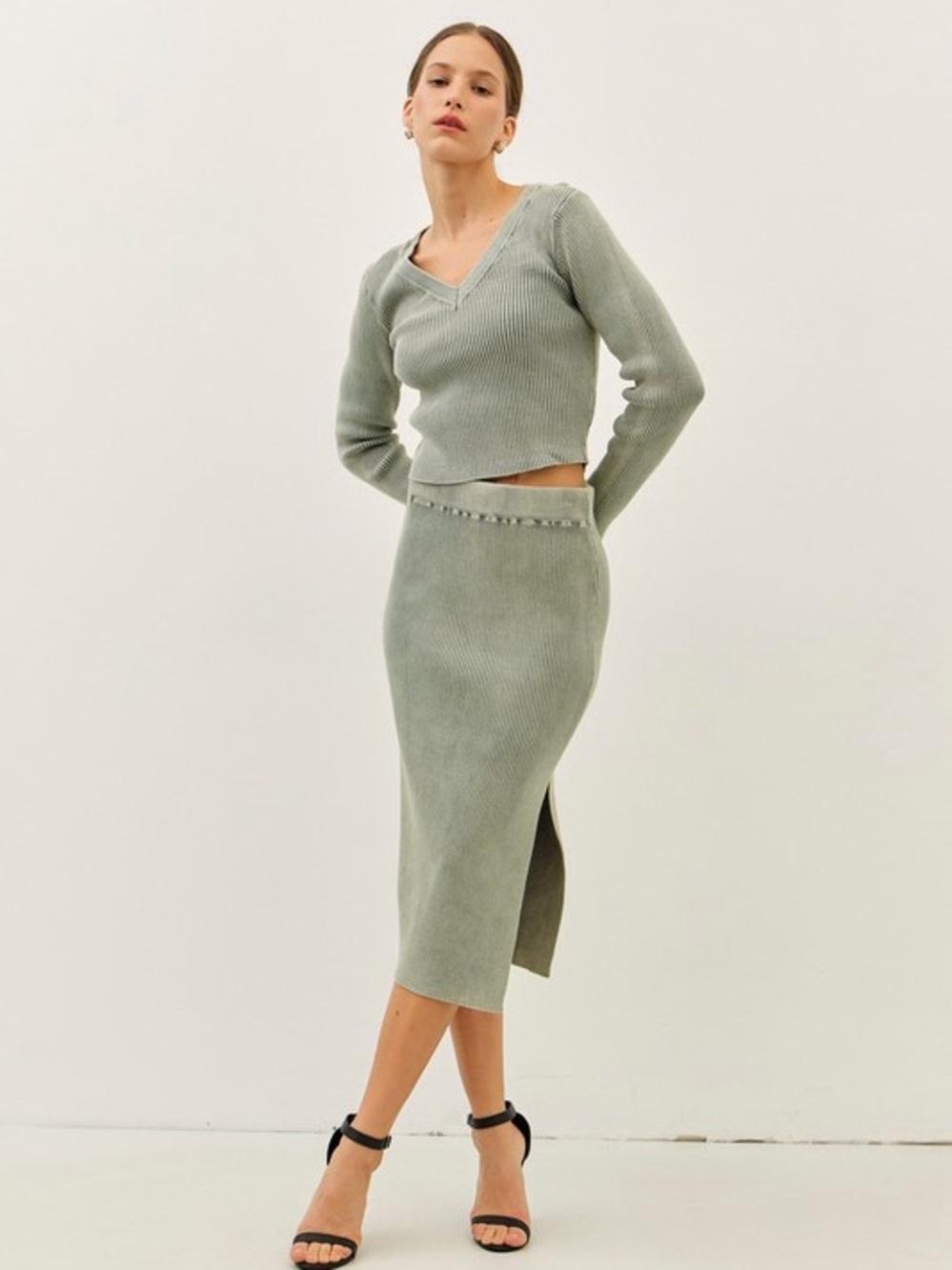 Olive mineral washed raw hem ribbed sweater and skirt set boho cotton maxi dress